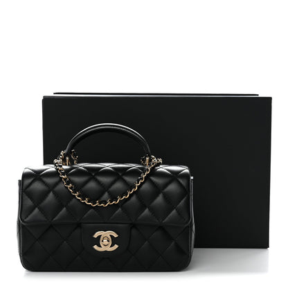 Lambskin Quilted Mini Top Handle Rectangular Flap Black
