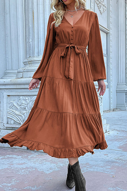 Vestido plisado con dobladillo con volantes y mangas farol con nudo canela 