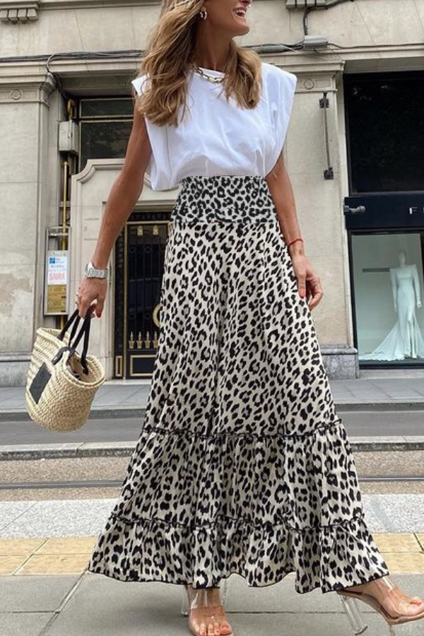 Falda larga con estampado de leopardo para mujer