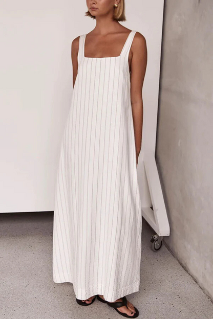 Vestido largo sencillo y deslumbrante de mezcla de lino con detalle de raya diplomática y escote cuadrado.