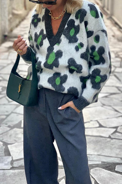 Suéter holgado con estampado de flores de punto de octubre acogedor