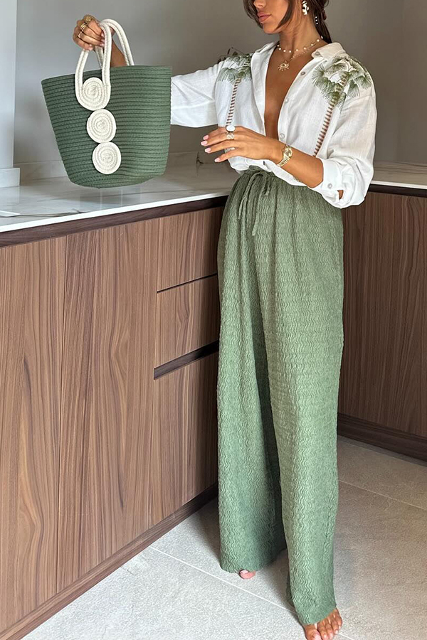 Conjunto de blusa holgada y pantalón con cintura elástica con estampado único de mezcla de lino Tropical Calling