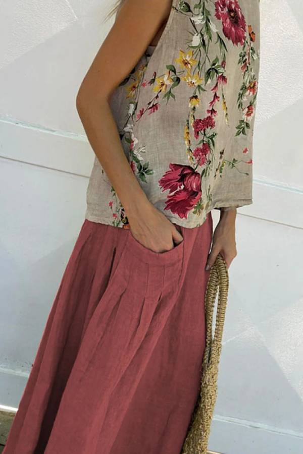 Conjunto de dos piezas de camiseta y falda de algodón y lino con estampado informal 