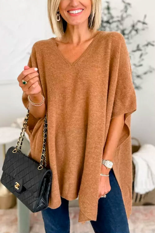 Suéter tipo poncho holgado de color liso con cuello en V más elegante