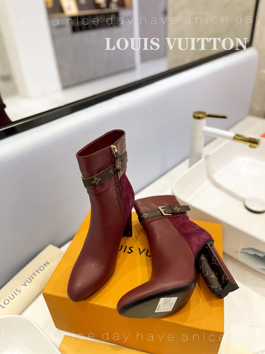 LV 26s Silhouette Ankle Boot 10cm Burgundy Cowhide Suede & Monogram Canvas 574029