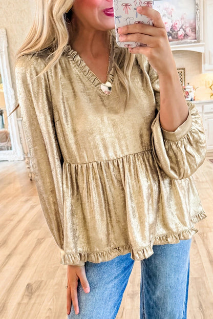 Blusa babydoll de terciopelo con cuello en V y mangas abullonadas