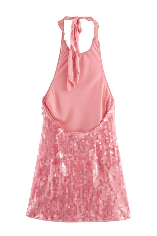 Minivestido sexy con espalda descubierta y cuello halter con lentejuelas y disco de rosas