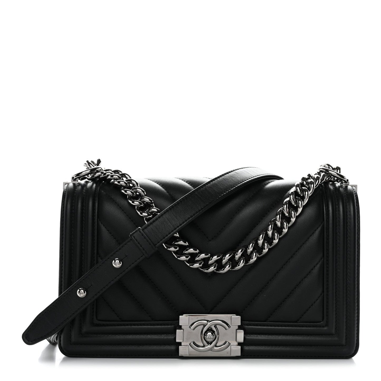 Calfskin Chevron Quilted Medium Boy Flap Black