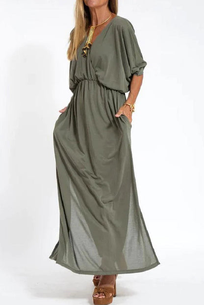 Vestido largo con abertura y bolsillos, manga corta y cintura elástica, comodidad suprema