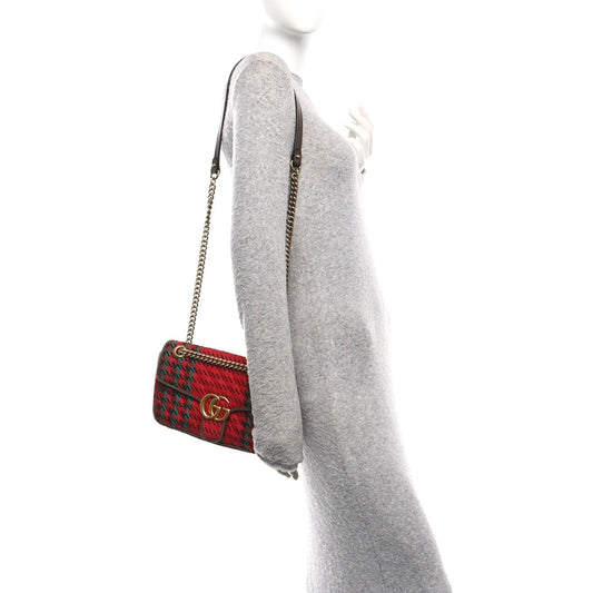 Wool Tweed Textured Dollar Calfskin Matelasse Diagonal Plaid Small GG Marmont Shoulder Bag Red Green Multicolor New Acero