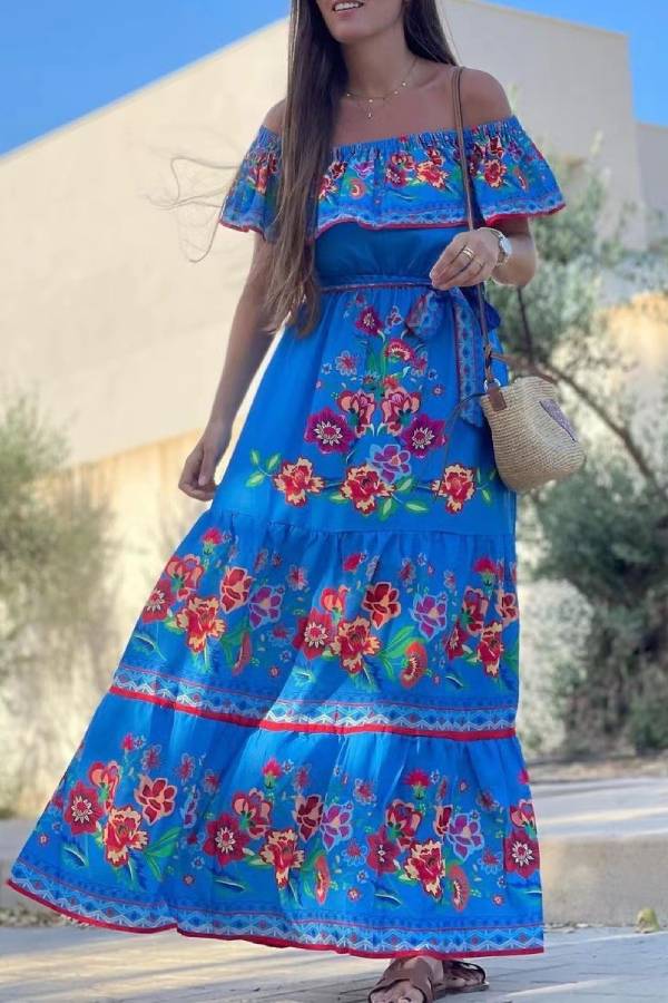 Vestido largo estampado con hombros descubiertos