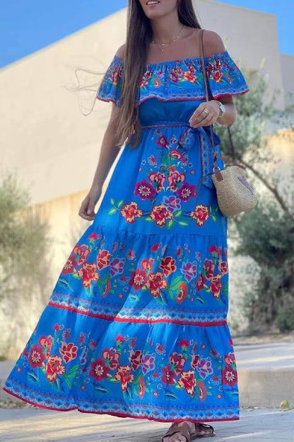 Vestido largo estampado con hombros descubiertos