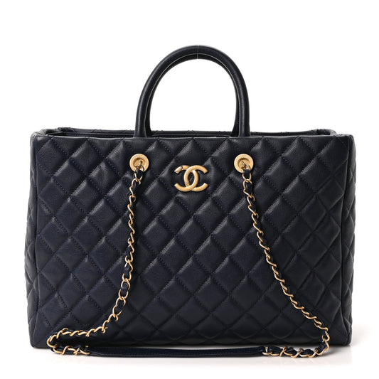 Caviar Quilted Large Coco Handle Shopping Tote Navy