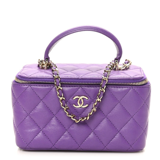 Lambskin Quilted Small Top Handle Vanity Case With Chain Purple