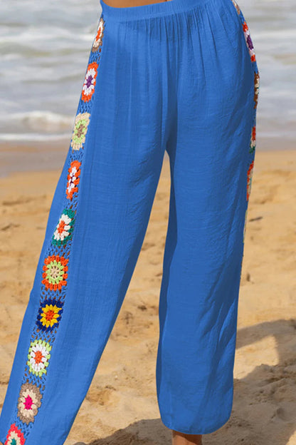 Pantalones Dimarco de lino, mezcla de colores, con flores de crochet y patchwork, cintura elástica y pierna ancha 