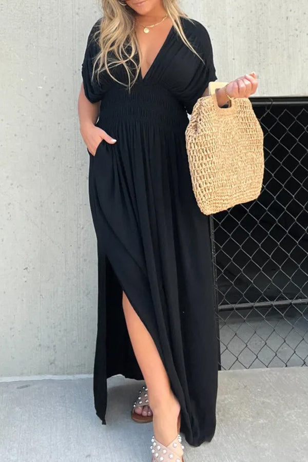 Vestido largo con abertura y detalle ahumado, bolsillos y mangas estilo kimono My Treasure 