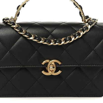 Shiny Calfskin Quilted Mini Metal Top Handle Flap Black