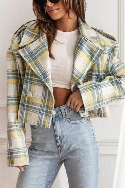 Chaqueta con estampado de cuadros y cuello vuelto para mujer, otoño/invierno