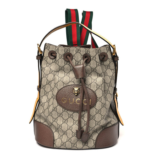 GG Supreme Monogram Neo Vintage Drawstring Bucket Backpack Beige New Acero Crop
