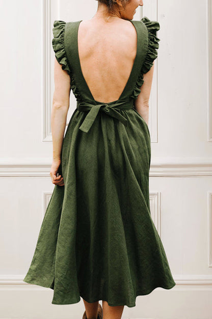 VESTIDO DE LINO CON MANGAS CON VOLANTES Y ESPALDA DESCONECTADAS