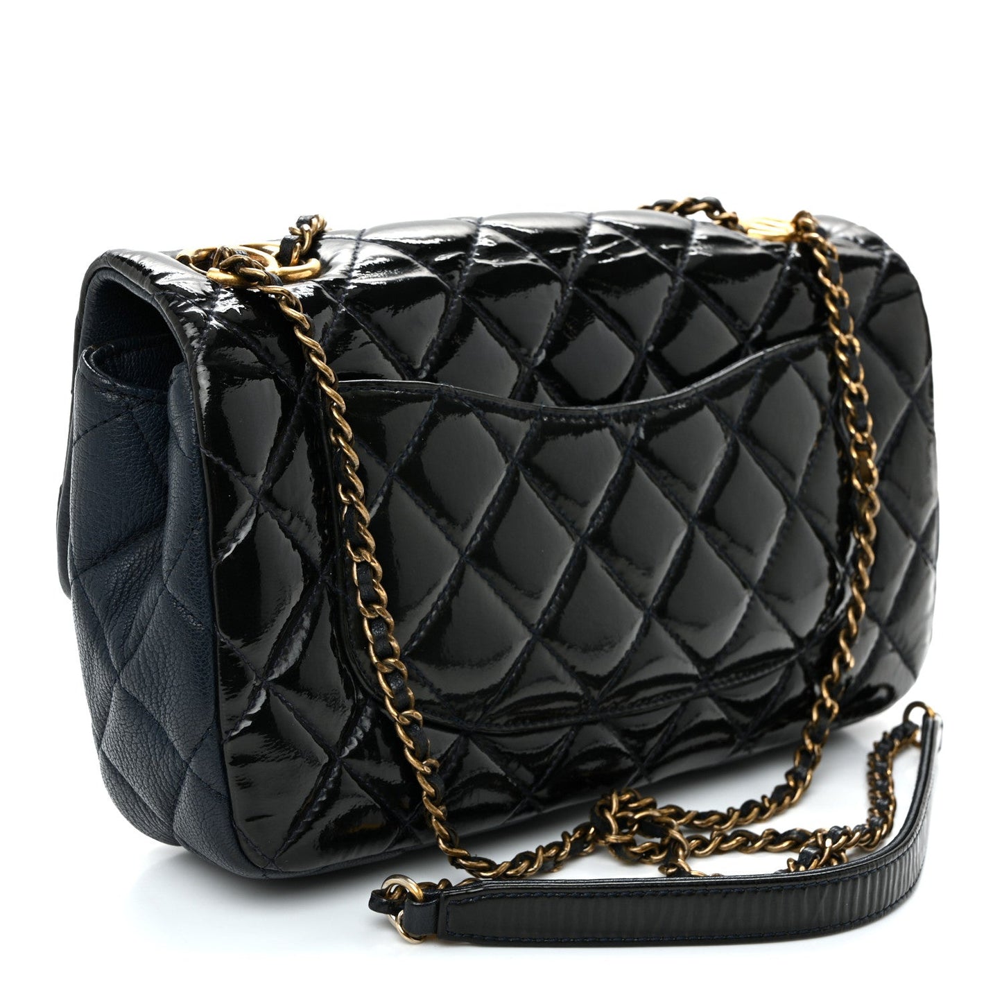 Patent Goatskin Quilted Medium CC Eyelet Flap Blue