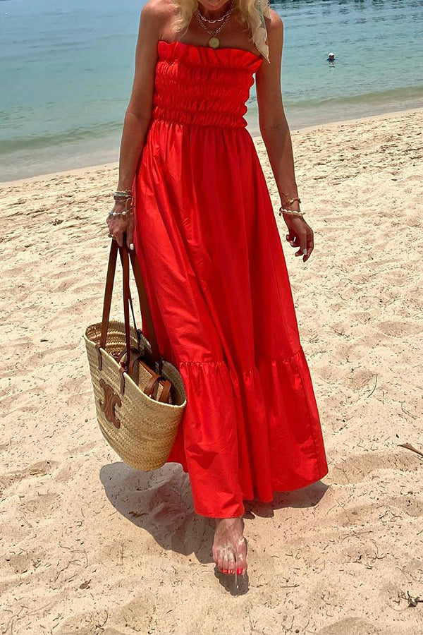 Vestido largo playero bandeau plisado con estampado playero