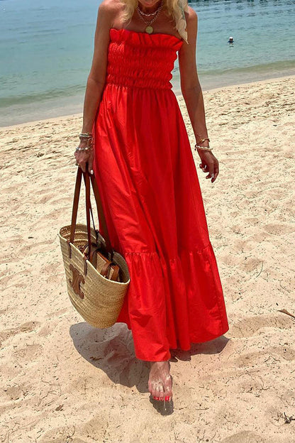 Vestido largo playero bandeau plisado con estampado playero