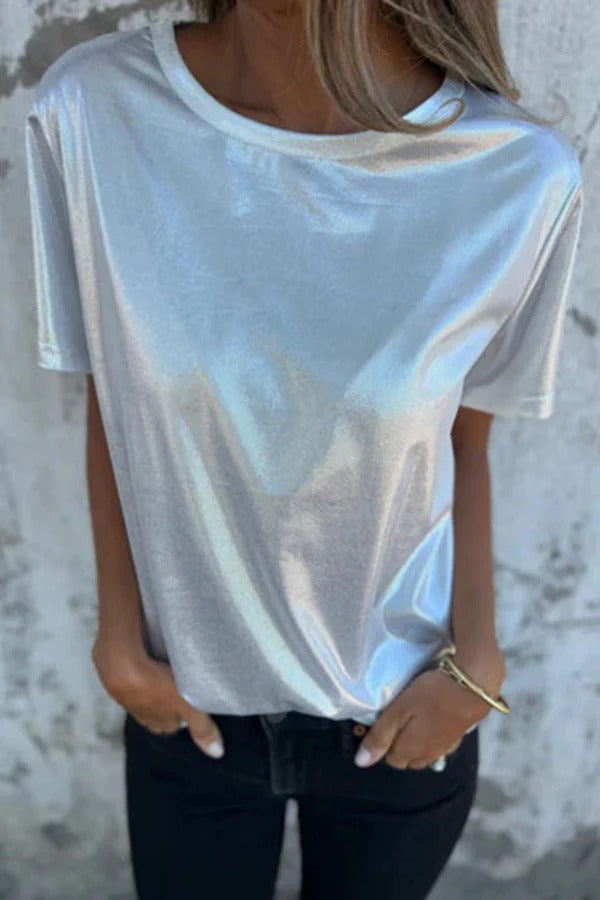 Camiseta holgada de manga corta con cuello redondo y color sólido metalizado