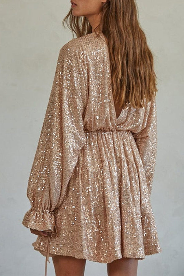 Vestido de lentejuelas con cordón, espalda descubierta, mangas globo y cuello en V
