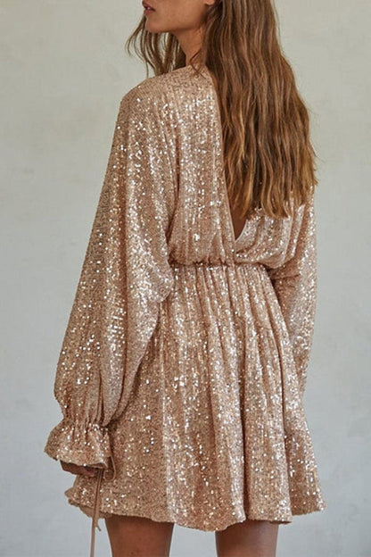 Vestido de lentejuelas con cordón, espalda descubierta, mangas globo y cuello en V