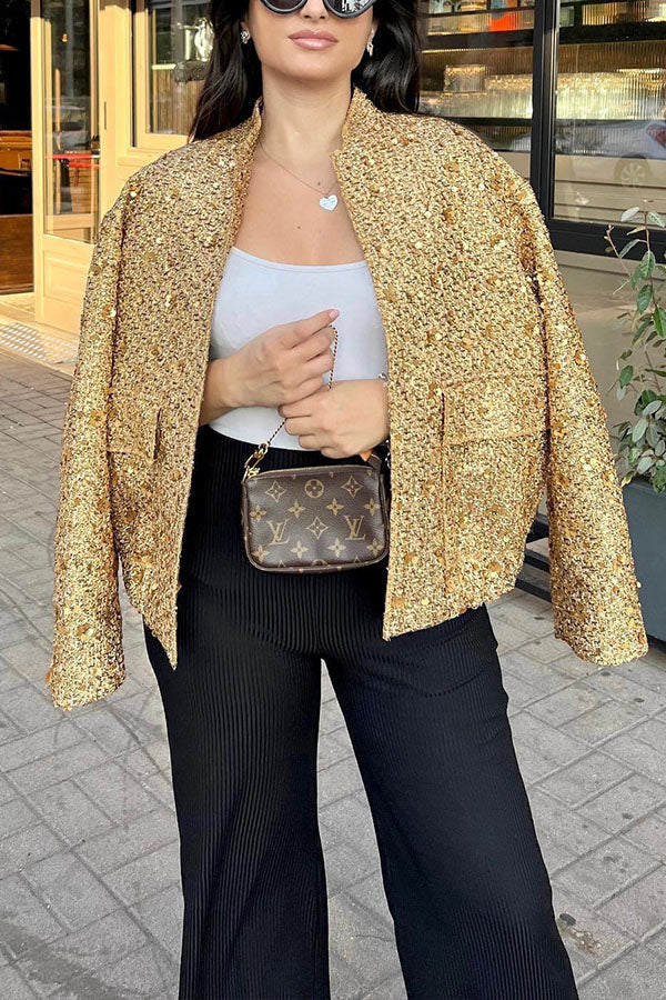Chaqueta de cuello alto pequeño con lentejuelas