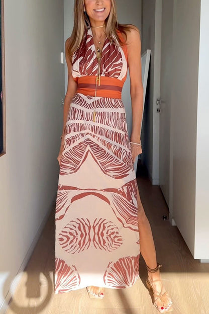 Vestido largo con cuello halter y estampado botánico único de mezcla de lino Vacay Bound