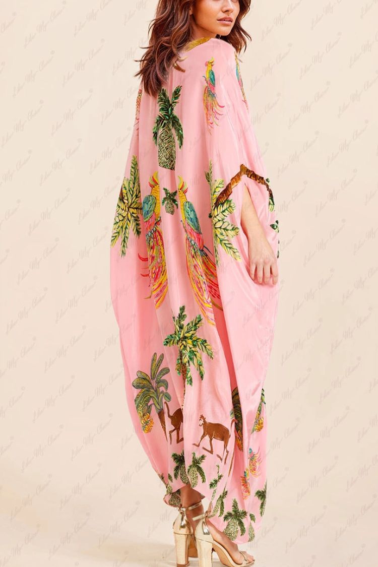 Vestido único con estampado de cocoteros y mangas caídas en los hombros