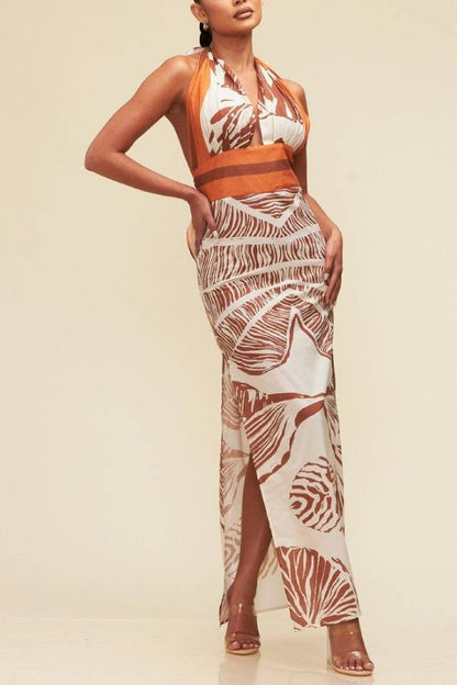 Vestido largo con cuello halter y estampado botánico único de mezcla de lino Vacay Bound