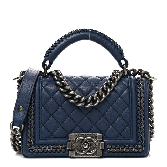 Calfskin Quilted Small Top Handle Boy Flap Navy