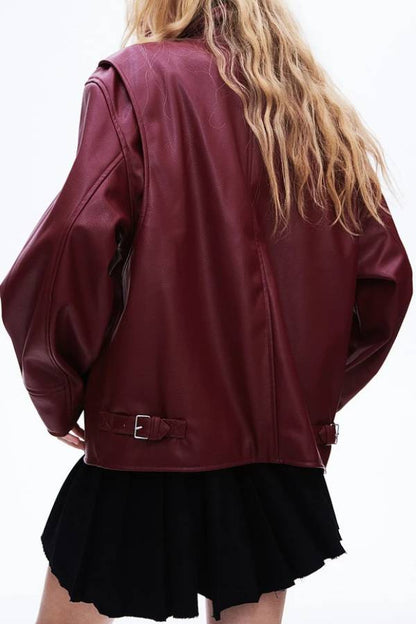 Chaqueta de cuero con solapa, manga larga, bolsillo y cremallera