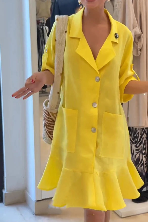 Vestido mini holgado con volantes, bolsillo y solapa, informal, de color liso