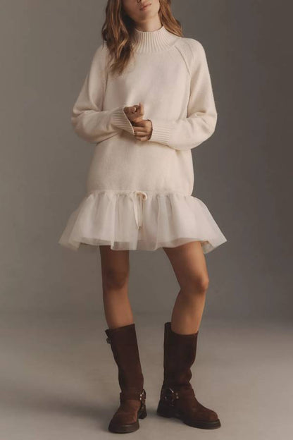 Vestido corto de tul con cuello alto, manga larga y tejido Holiday Cutie