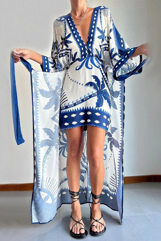 Elegante vestido estampado de dos piezas con cordones falsos 