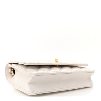 Shiny Crumpled Calfskin Quilted Enamel Heart Wallet On Chain WOC White