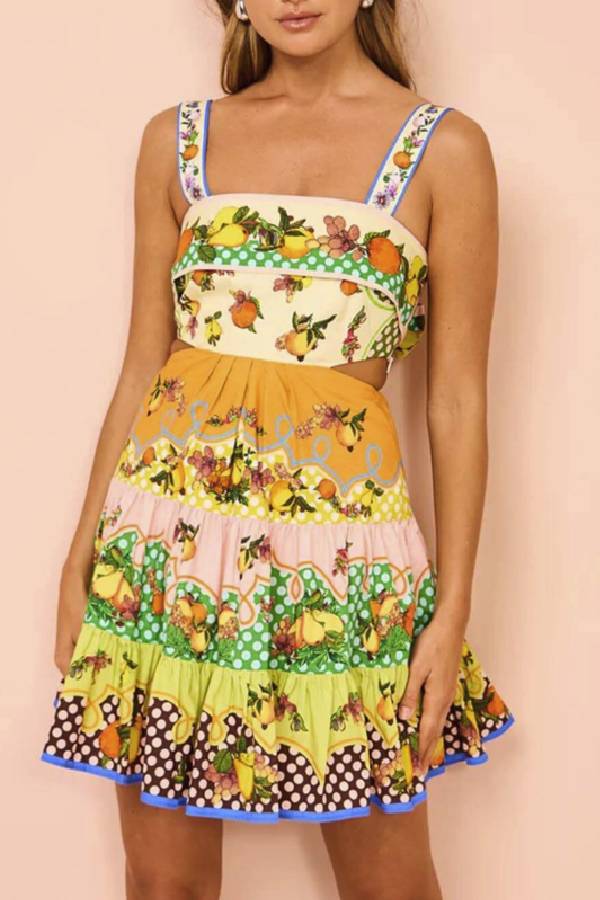 Vestido mini veraniego multicolor con dobladillo preatado en limón