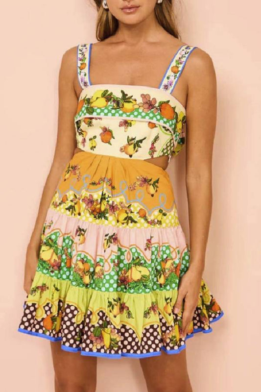 Vestido mini veraniego multicolor con dobladillo preatado en limón