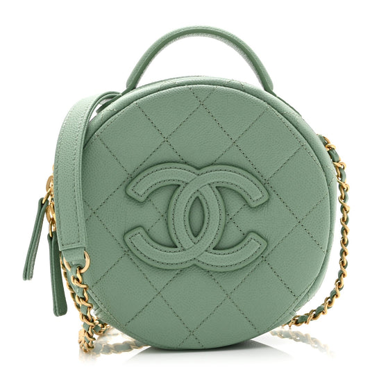 Caviar Quilted Small Round Vanity With Chain Light Green