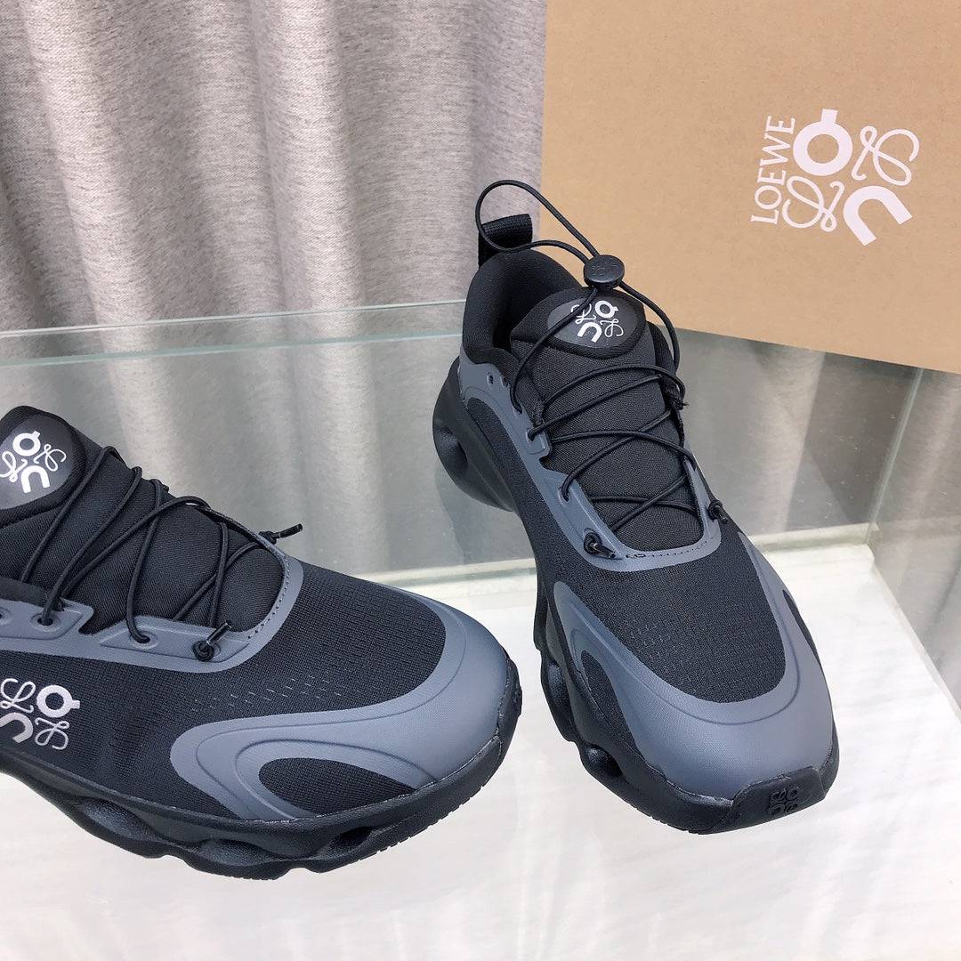 Loewe x on Angpao Couple Running Sneakers Black Gray Nylon Calfskin 597420