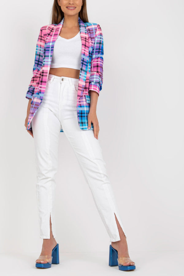 Blazer informal para mujer, chaqueta de traje de oficina con bolsillos y manga larga a cuadros de color y abertura frontal