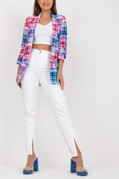 Blazer informal para mujer, chaqueta de traje de oficina con bolsillos y manga larga a cuadros de color y abertura frontal