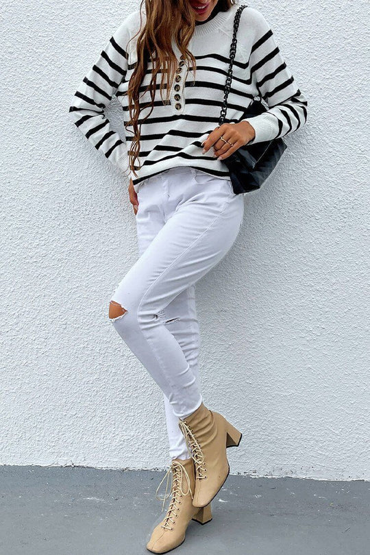 Women¡¯s Crew Neck Button Raglan Sleeves Striped Sweater