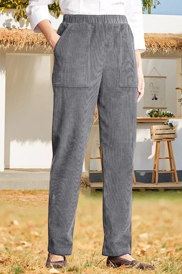 Pantalones casuales rectos a rayas con cintura elástica de color sólido