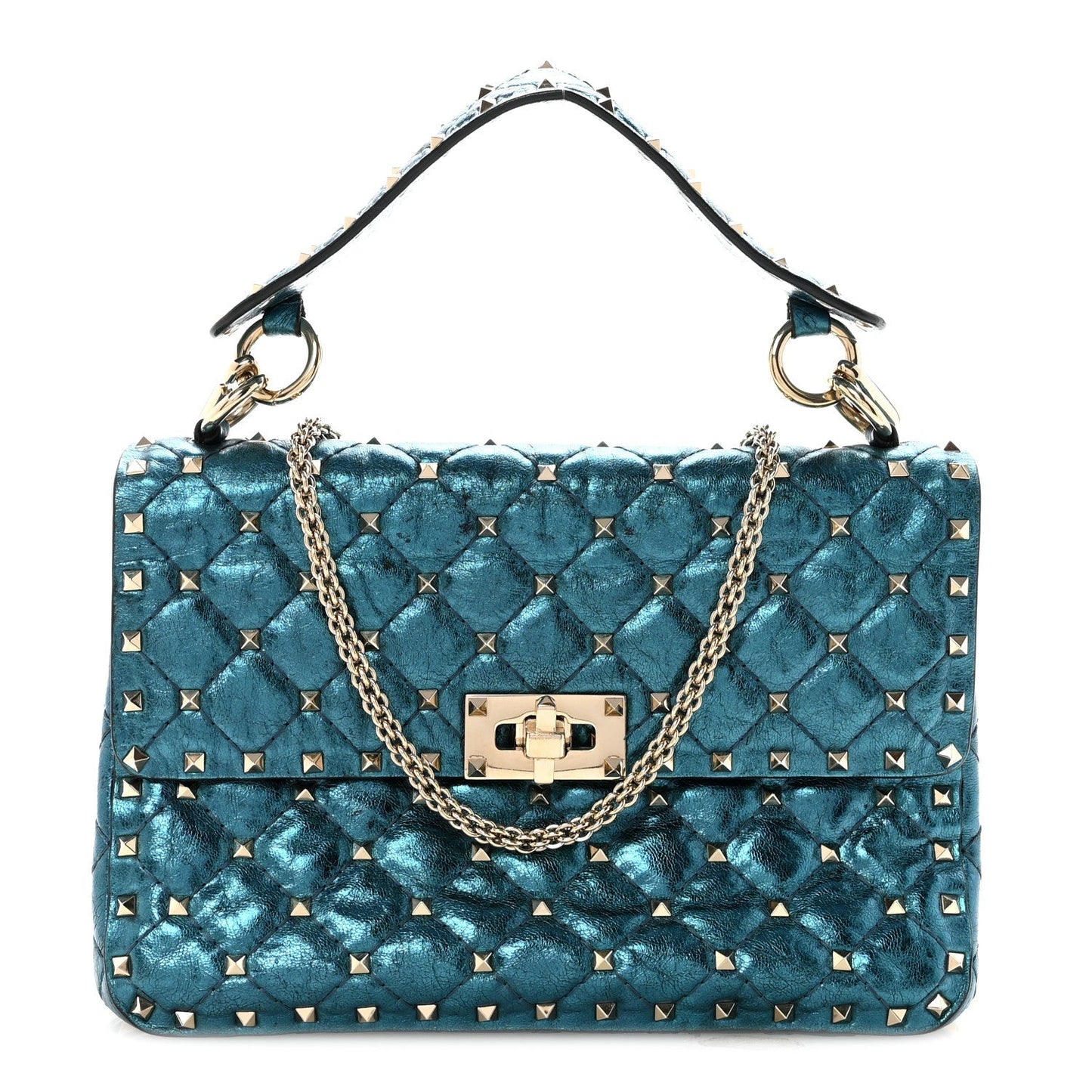 Metallic Wrinkled Lambskin Medium Rockstud Spike Shoulder Bag Peacock