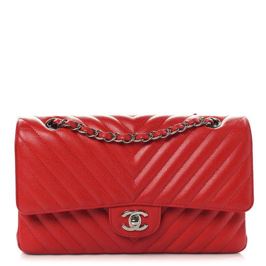 Caviar Chevron Quilted Medium Double Flap Red